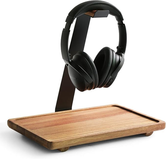Headphone Stand for Desk,Acacia Wood Tray with Headphone Holder,Gaming Headset Stand,Desk Accessories for Desktop Storage
