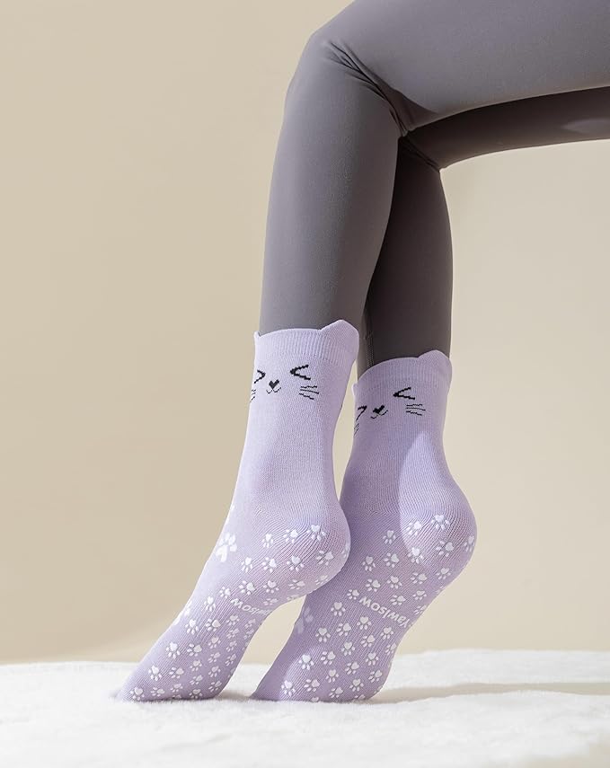 Yawlsow Pilates Grip Socks for Women Cute Yoga Grippy Non Slip Non Skid Cat Socks with Cat Paw Gripper for Barre Workout