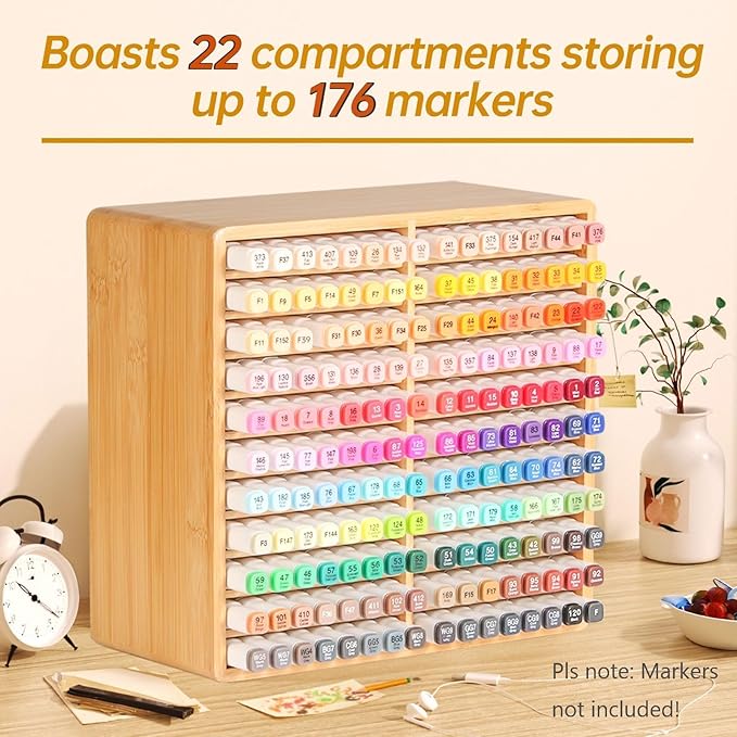 walowalo Marker Organizer Hold 176 Markers Birthday Gifts Bamboo Pen Holder Art Supply Pencil Storage Organizer with 22 Compartments All-in-One Marker Storage for Home Office Desk Classroom
