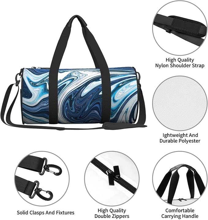Blue And White Camo Cool Marble Abstract Fluid Liquid Foldable Duffle Bag For Women - Workout Bag For Gym Men - Boy Gym Bag - Girls Small Weekender Duffel Bag - Packable Luggage Bag For Travel Sports