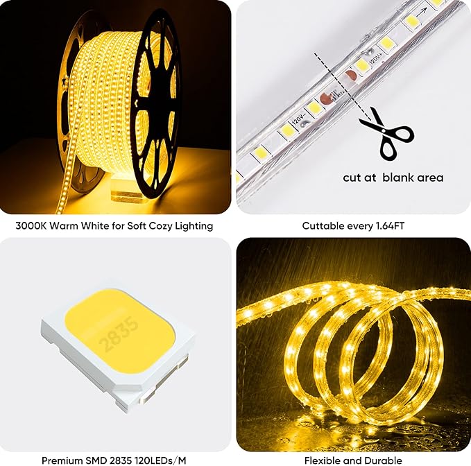 Shine Decor LED Strip Light 150FT 120VAC, Super Bright 19012 Lumens Dimmable, IP65 Waterproof for Outdoor Indoor, 3000K Warm White Every 1.6ft Cuttable Proselect Lighting Strip, 6x10mm ETL Listed