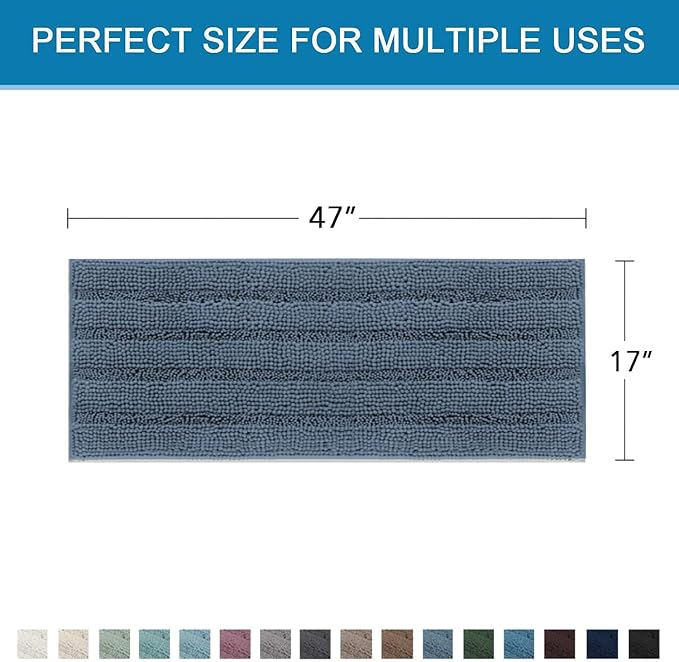 H.VERSAILTEX Bath Rugs for Bathroom Non Slip Bath Mats Thick Chenille Striped Bath Rug Runners 47" x 17" Absorbent Fluffy Soft Shaggy Mats Dry Fast Plush Area Carpet for Bath Room - Blue Indigo