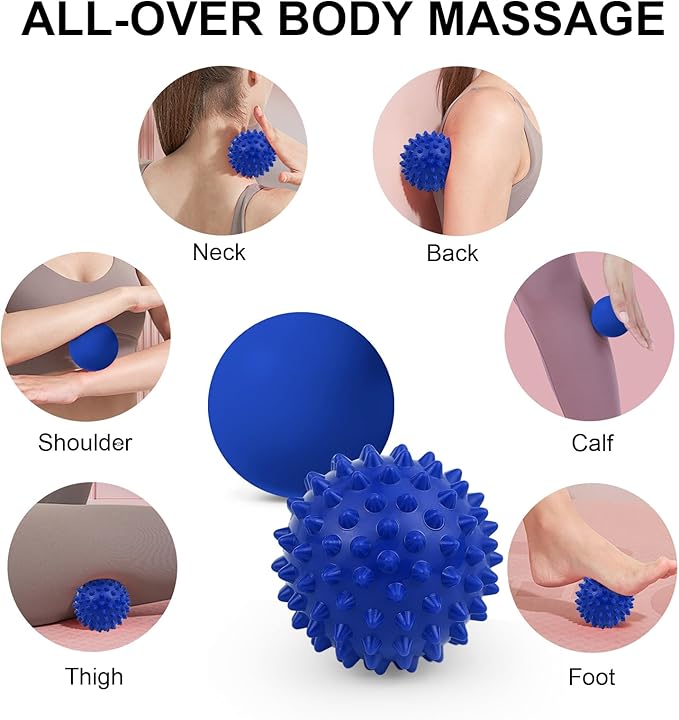 Physical Massage Therapy Ball Set: Lacrosse & Spiky Ball Set for Stress Relief, Muscle Therapy, Myofascial Release, Portable Pain Relief Tool for Gym Office Home Use (Blue-Blue)