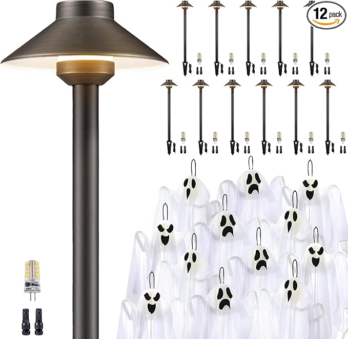 Halloween Brass Pathway Light Kit (12 Path Lights, 12 Hanging Ghost) Low Voltage LED Landscape Decor, Garden Lighting Outdoor Waterproof IP65, 12V Wired for Yard Party with 2700K G4 Bulb
