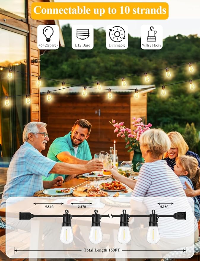Brightever 150FT Outdoor String Lights, Patio Lights with 45+2 S14 Shatterproof E12 Base LED Bulbs, Outside Hanging Decorative Light Waterproof for Porch, Balcony, Backyard, Bistro, 2700K Dimmable