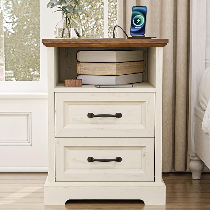HOMMPA 18'' Farmhouse Nightstand with Charging Station, Bedside Tables with Storage, Bed Side End Table with Open Shelf, 2 Drawers Wood Night Stand Dresser for Bedroom, Living Room, Rustic White