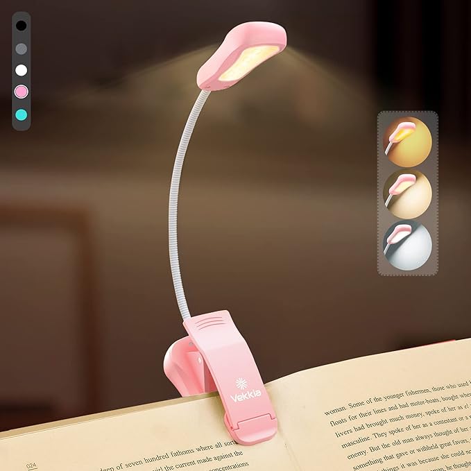 Vekkia Rechargeable Book Light for Reading in Bed, 3 Color x 3 Brightness, Lightweight Reading Light, Up to 70 Hours Lighting, Perfect for Readers, Travel (Pink) …