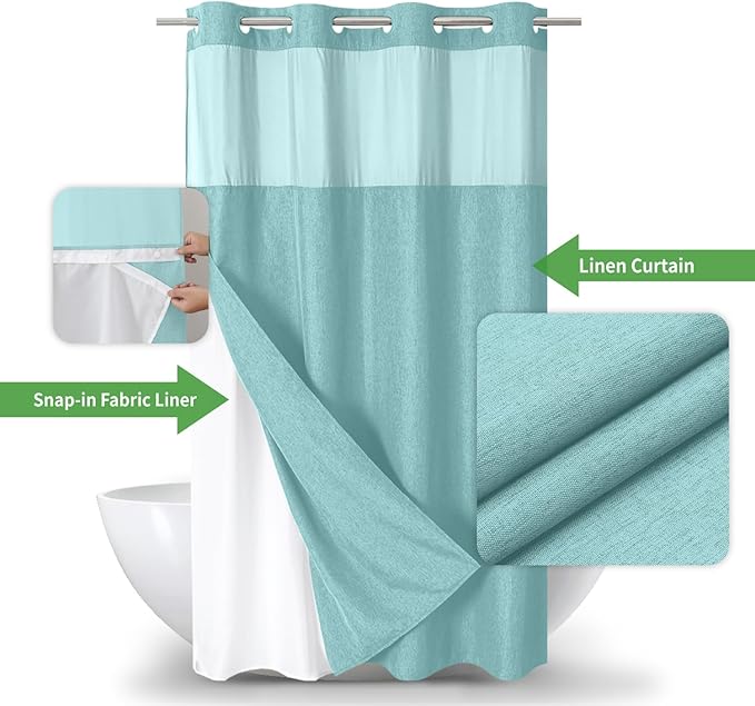 Stall No Hooks Needed Linen Textured Shower Curtain with Snap-in Fabric Liner Set,Hotel Luxury Decor Farmhouse Shower Curtains for Bathroom,Waterproof & Washable,54Wx80H,Teal