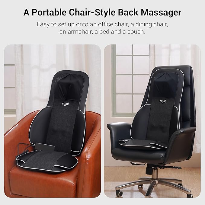 Mynt 2D & 3D Shiatsu Neck and Back Massager for Chair with 10 Deep Kneading Nodes, Back Massage with Heat, Portable Spot Massage Chair Pad (Black)