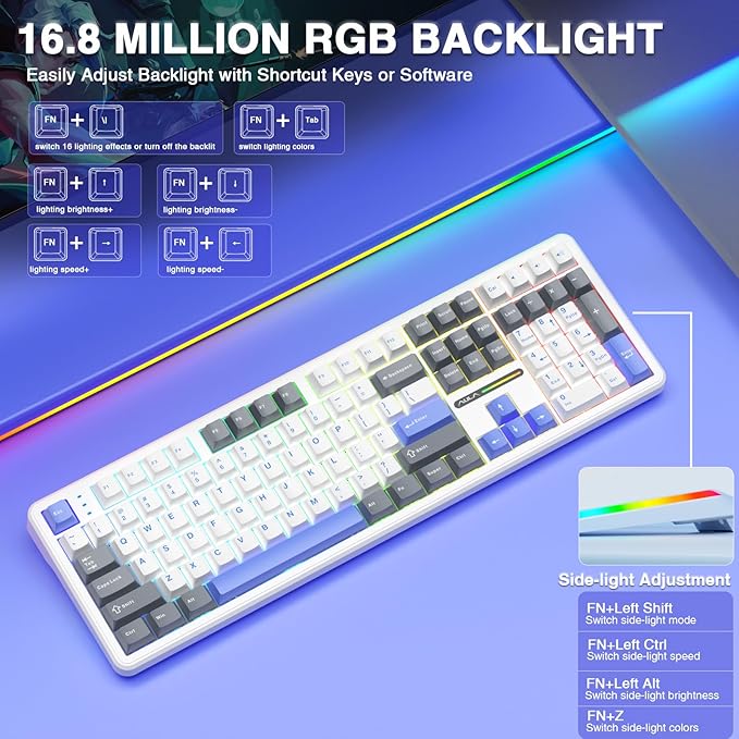 AULA F108 Wireless Mechanical Keyboard, BT5.0/USB-C/2.4GHz Hot Swappable Custom Gaming Keyboards, PBT Keycaps, Pre-lubed Switches, RGB Backlit Full Size Creamy Keyboard with Number Pad, 108 Keys