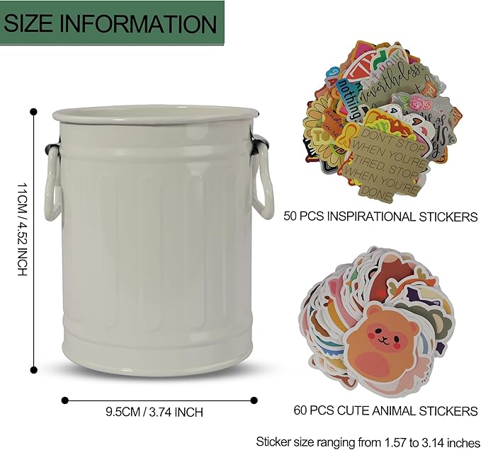 Pen Holder Cup For Desk With 60 Pcs Cute Animal & 50 Pcs Inspirational Stickers,Tinplate Pencil Holder Metal Marker Pen Organizer Desk Accessory Storage for Office Home - Barrel Shape - 2 Pack (White)