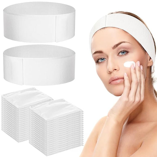 Yopay 100 Pack Disposable Spa Facial Headbands, Soft Elastic Headband Wrap with Closure for Women Girls, Individual Pack Stretch Non-Woven Skincare Headbands for Makeup, Treatments, Esthetician, White