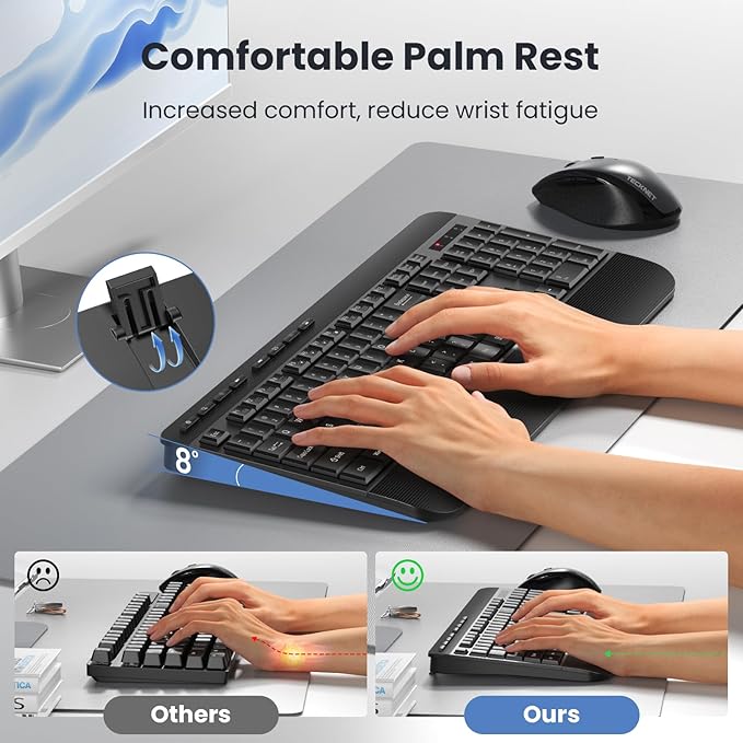 TECKNET Ergonomic Wireless Keyboard for Laptop, 2.4G USB Silent Computer Keyboard with Comfortable Palm Rest & Adjustable Feet Stand for Desktop, PC, Notebook, Surface and Windows, Full Size Layout
