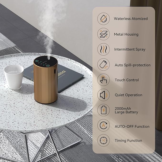 Waterless Essential Oil Diffuser Aromatherapy Scent Diffusers for Home Large Room, Bedroom, Car, Office, Desk, Battery Operated Mini Portable Air Freshener (Golden)