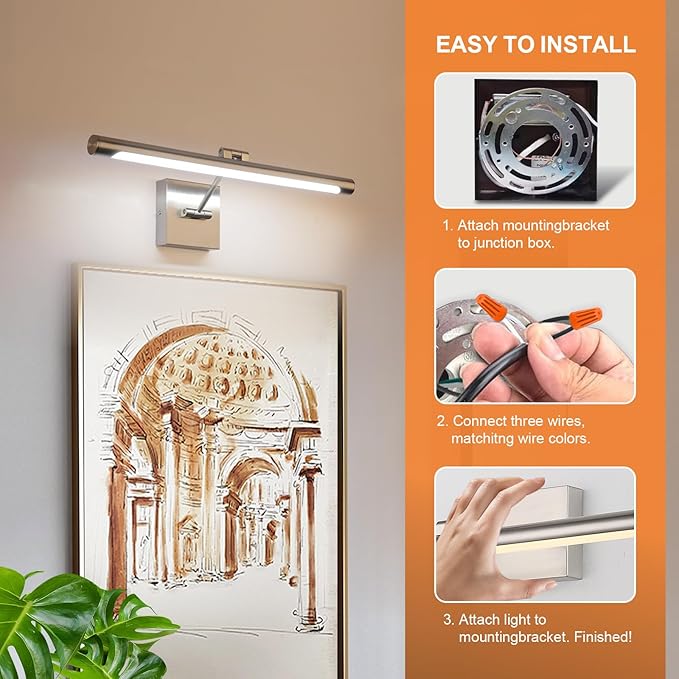 Joosenhouse LED Picture Lights Hardwired Dimmable 16.53" Inch Artwork Display Lamp with Swing Arm 7W(45W Eqv.), Hardwired Connection, 3000K Warm White, Brushed Nickel