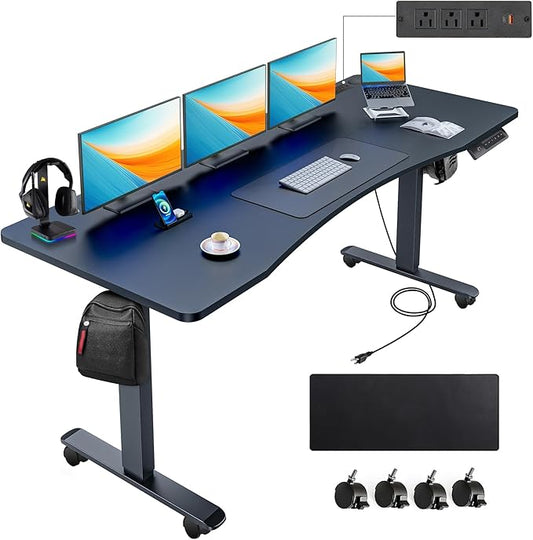 farexon Electric Standing Desk Adjustable Height,63x24 Inches Stand Up Desk, Ergonomically Curved Desktop with Outlet, Lockable Casters,27.''-46'' Lifting Range Home Office Computer Desk（Black
