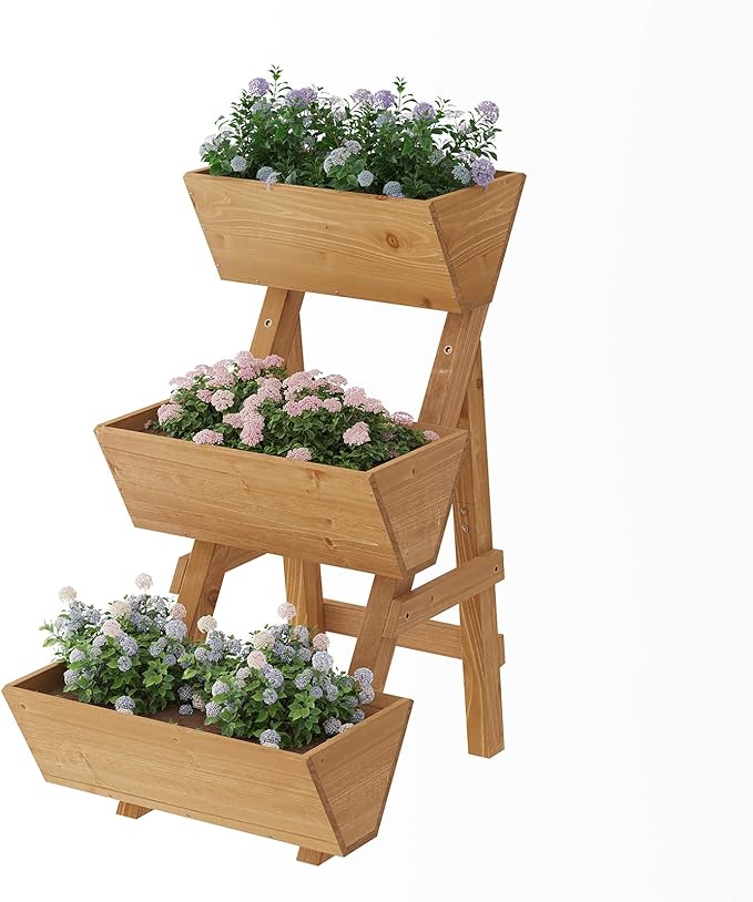 3-Tier Wooden Vertical Raised Garden Bed with Legs, Tiered Planter Box, Vertical Garden Planter,Wood Plant Stand Wood Flower Rack for Patio, Balcony, Freestanding. (Brown-Small)
