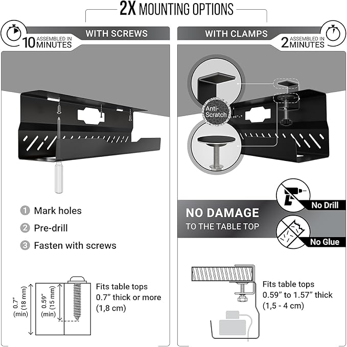 Under Desk Cable Management Tray no Drill – Wire Management - Cord Organizer – Huge Load Capacity – Under Desk Cable Tray no Drill (Black, 1 Piece Set)