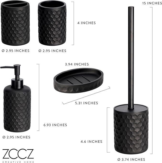 ZCCZ Bathroom Accessories Set 5 Pcs - Soap Dispenser, Toilet Brush, Toothbrush Holder, Tumbler, Soap Dish - Vintage Decor for Countertop Vanity Organizer, Black Bathroom Accessory Collection