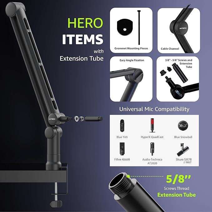IXTECH Boom Arm Mic Stand with Extension Tube Upgraded Microphone Arm for Shure SM7B MV7 Blue Yeti Sturdy Stainless Steel Mic Arm Desk Stand Foldable Scissor Arm Microphone Mount for Podcast Gaming