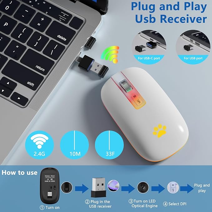 KARFUN Wireless Mouse, Backlit LED Portable Slim Laptop, PC, MacBook, iPad, Chromebook, Notebook 2.4G Rechargeable Wireless Mouse (Ivory White)