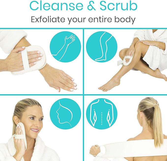 Vive Exfoliating Back Scrubbers for Use in Shower (3 Set) - Loofah Sponge Pads for Body with Handles, Deep Clean and Invigorate Your Skin for Men, Women and Elderly - Soft Luffa with Soap