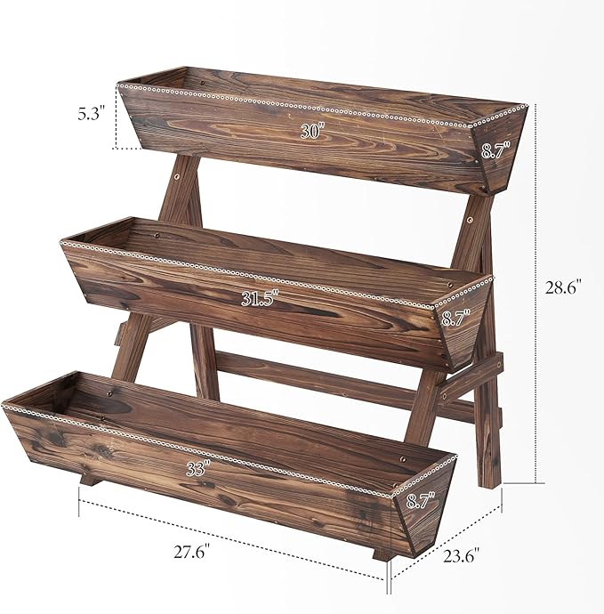 3-Tier Wooden Vertical Raised Garden Bed with Legs, Tiered Planter Box, Vertical Garden Planter,Wood Plant Stand Wood Flower Rack for Patio, Balcony, Freestanding. (Carbonized-Large)