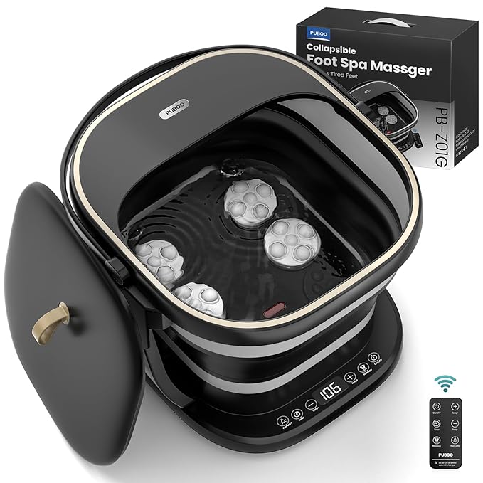 Puboo Collapsible Foot Spa Bath with Heat, Remote & Timer, 16 Massage Balls, Support Rods – Heated Pedicure Soaking Tub for Stress Relief, US Size Up to 11