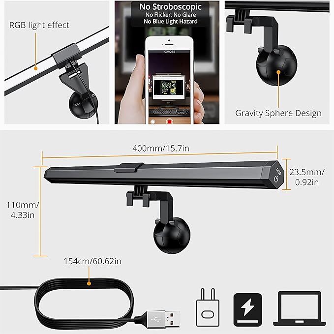 CATPOWER Computer Monitor Light Bar with RGB Backlight, Screen Monitor Lamp for Eye Caring, e-Reading LED Task Lamp with Stepless Adjustment, Touch Control, No Screen Glare Space Saving