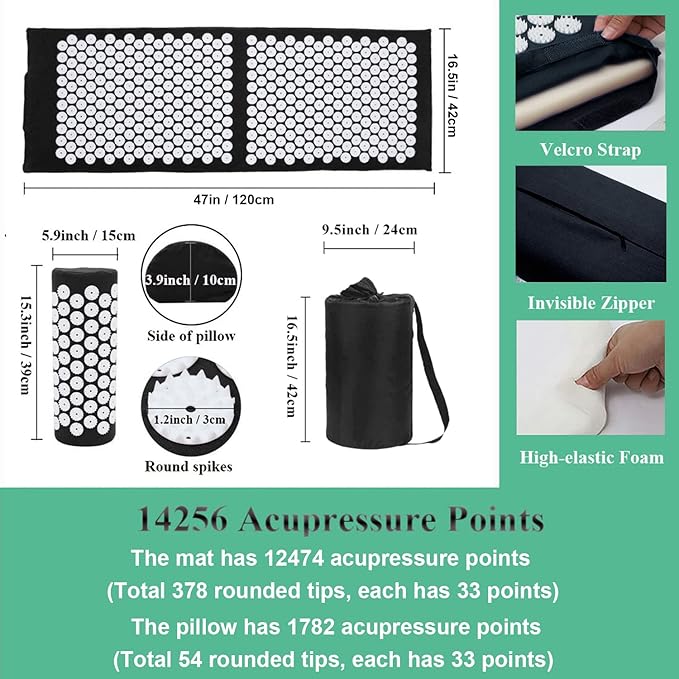 XiaoMaGe Acupressure Mat and Pillow Set with Bag - Extra Long Acupuncture Mat for Neck & Back Pain Relief- Naturally Relaxation Gift for Women - Stress Relief Massage Mat (Black)