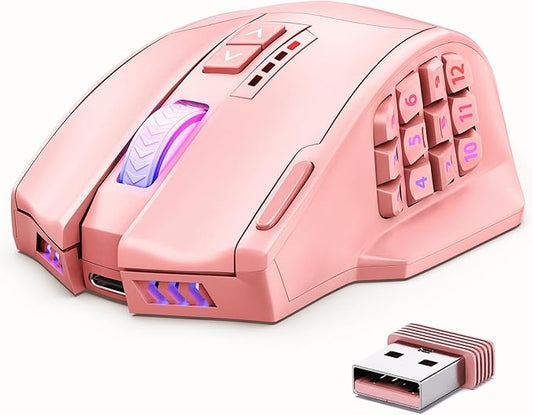 UtechSmart Venus Pro Wireless MMO Gaming Mouse, 16,000 DPI Optical Sensor, Wired/Wireless Dual Modes, 16M Chroma RGB Lighting, 16 Programmable Buttons, Ergonomic Design, Up to 70H, Pink