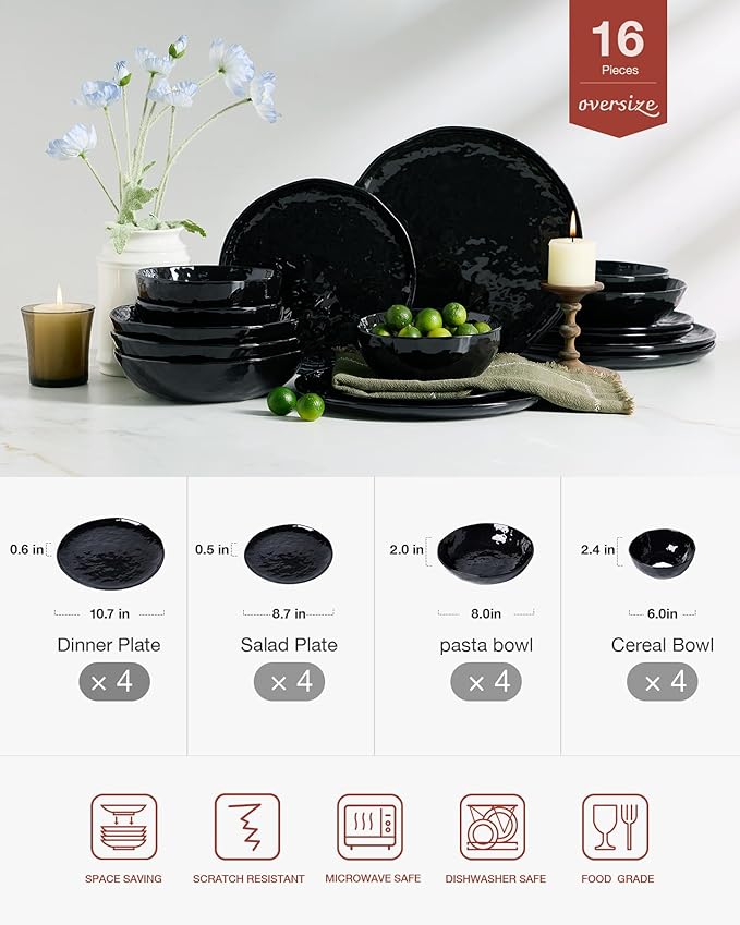 Famiware Porcelain kitchen plates and bowls set, Modern dishes set for 4, Handmade Wave Edge Dinnerware Sets, Microwave and Dishwasher Safe Tableware, Glossy-black (16pc)