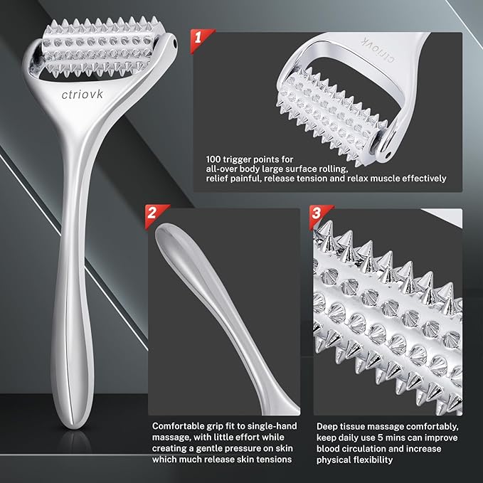 Acupuncture Massage Roller, Stainless Steel, Portable Manual Roller for Whole Body Pain Relief, Puffiness Reduce and Muscle Relaxation Massage, Silver