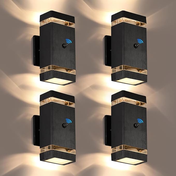 Outdoor Wall Lights 4 Packs, Integrated LED Up Down Lights, Modern Black Outdoor Wall Light with Dusk to Dawn Sensor Aluminum Exterior Wall Light for Porch Patio Door