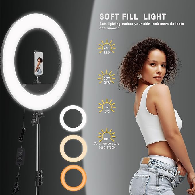 Ring Light Kit:18"/45cm Outer 55W6700k Dimmable LED Light, Tripod Stand, Remote Controller,Box for Camera,Smartphone,YouTube,TikTok,Self-Portrait Shooting,CRI90,Black