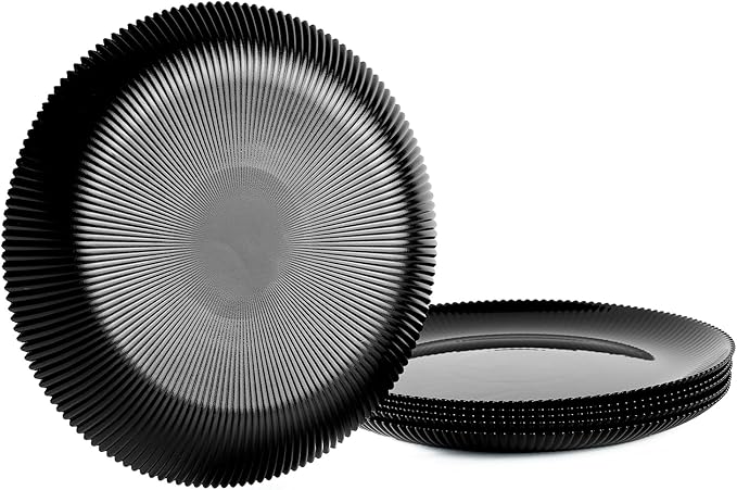 10.5 inch Ribbed Dinner Plate Set of 6, Round Opal Glass Black Dinnerware Plates, Dishwasher and Microwave Safe