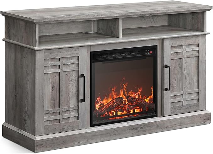 BELLEZE 48" TV Stand with 18" Electric Fireplace Heater, Modern TV Stand for TVs up to 50", Entertainment Media Stand with Open Shelves and Storage Cabinets for Living Room, Bedroom (Grey Wash)