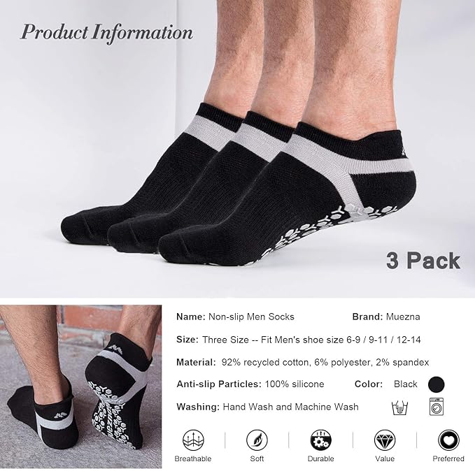 Muezna Men's Non-Slip Yoga Socks, Anti-Skid Pilates, Barre, Bikram Fitness Hospital Slipper Socks with Grips