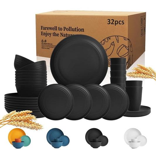 32-piece Kitchen Alternative Melamine Wheat Straw Dinnerware Sets,Unbreakbale Dishwasher Safe Kitchen Bowls and Plates Sets with Cups,Apartment Essential Dishes Set for 8.Black Series