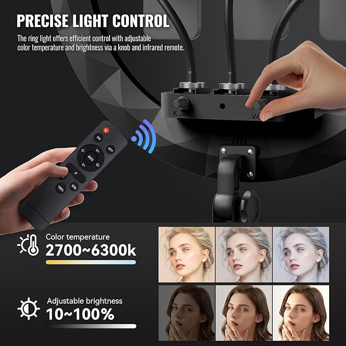 Ring Light with Stand, 19in LED Selfie Circle Light, Max 8ft/2.5m Tripod Stand, 3 Holders for iPhone, Remote Control, 6300K Color Temperature for Live Streaming, Barber, Makeup, YouTube, Tiktok