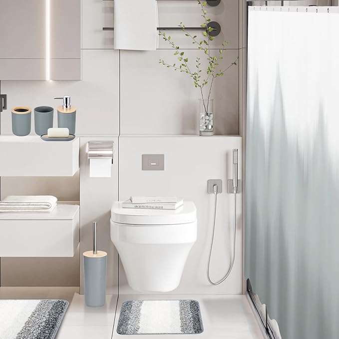 iMucci Bathroom Accessories Grey Bathroom Sets with Shower Curtain and Rug, Grey Ombre Waterproof Shower Curtain with Ultra Absorbent Rug Bathroom Accessories Set for Home Decor