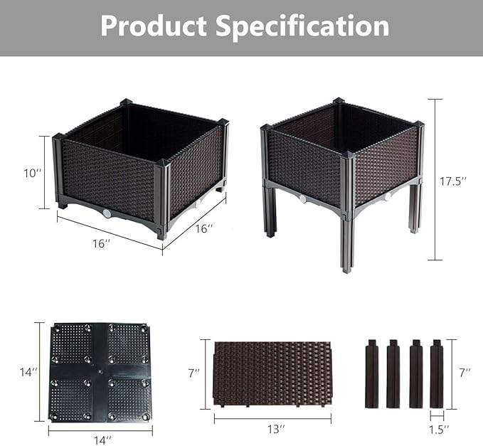 S AFSTAR Raised Garden Bed Kit, Set of 4, Elevated Planter Boxes with Self-Watering Design & Removable Legs, Outdoor Plastic Planter Box for Patio Yard Balcony Gardening, Rattan Pattern (Brown)