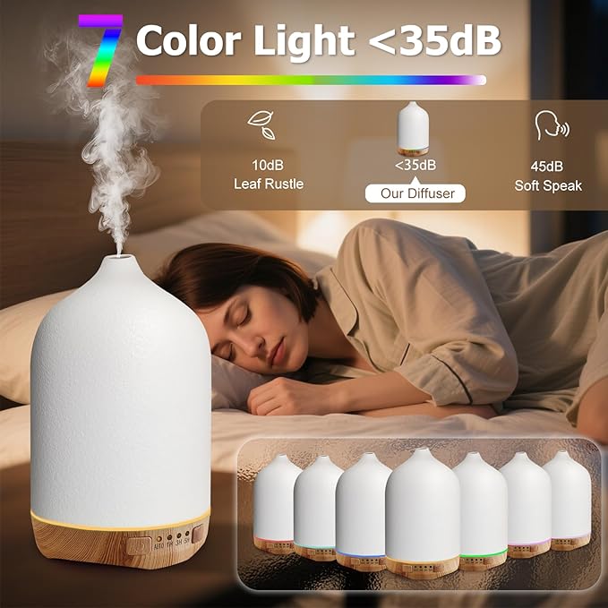 Ceramic Diffusers, Stone Essential Oil Diffuser, Ultrasonic Aromatherapy Diffusers for Home Auto Shut-Off, Wood Grain Base 250ML White