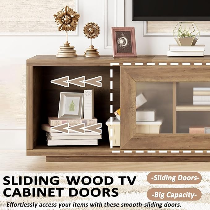 HSH 70 inch TV Stand for 75" TV,Entertainment Center for Living Room Under TV Storage Cabinet,Modern TV Media Console Wood with Sliding Doors for Bedroom,Rustic Oak