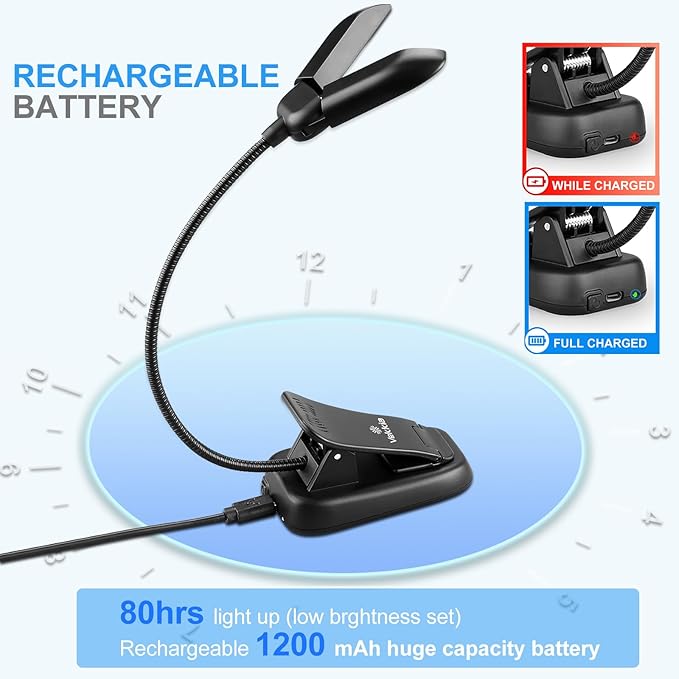 Vekkia 14 LED Rechargeable Book Light for Reading at Night, Eye-Care Reading Light for Books in Bed, 180° Adjustable, Clip on Lamp, 3 Color Temperatures, Lightweight, Present for Reader