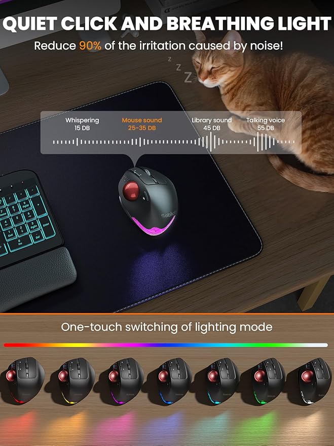 Wireless Trackball Mouse, Ergonomic Bluetooth Rechargeable Computer Mouse, Backlit Rollerball Thumb Laptop mice with 5 Level DPI, Adjustable Angle, 3 Devices Connection for PC, Windows - Red Ball