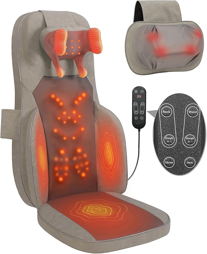 4D Shiatsu Neck Back Massage Cushion w/Heat for Pain Relief - Kneading Back Massager w/Vibration & Dual Necks Head for Relieves Muscle Stiffness from Long Sitting for Office Home Use, Brown