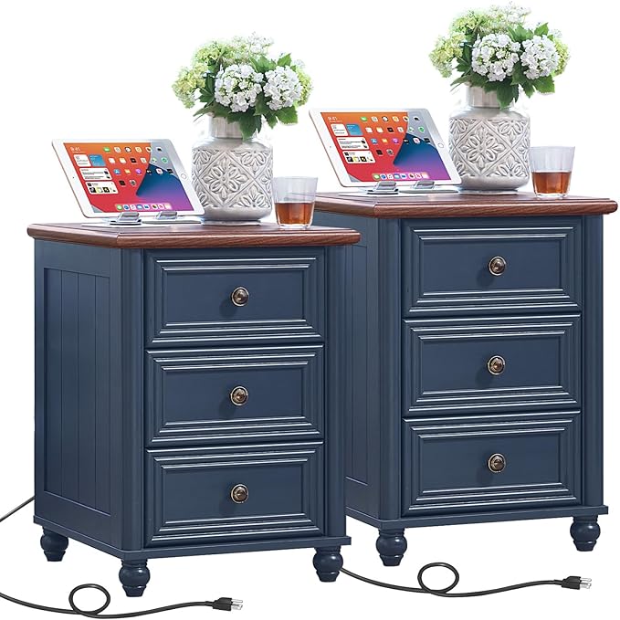 18" Farmhouse Nightstand Set 2 with Charging Station and USB Port, Blue Night Stand with 3 Drawers, Wood Bedside End Table with Storage, Bed Side Tables for Bedroom Living Room and Closet