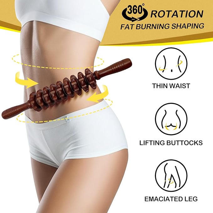 Manual Massager Wooden Handheld Roller Trigger Point Massage Stick for Fascia, Cellulite, Muscle & Abdomen, Body Therapy Massager, Muscle Belly Relief Tool, Coffee