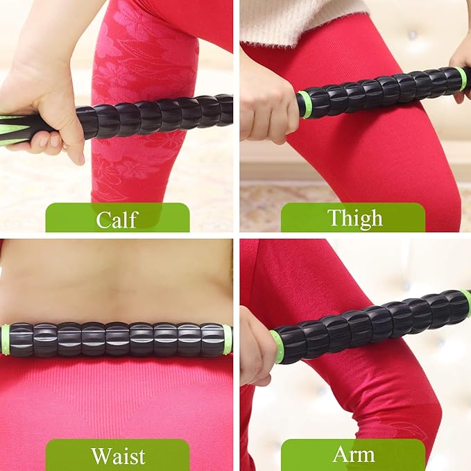 Muscle Roller Massage Roller Stick for Athletes, Help Reducing Muscle Soreness Cramping Tightness Leg Arms Back Calves Muscle Massager（Green - Black- 18 inch）